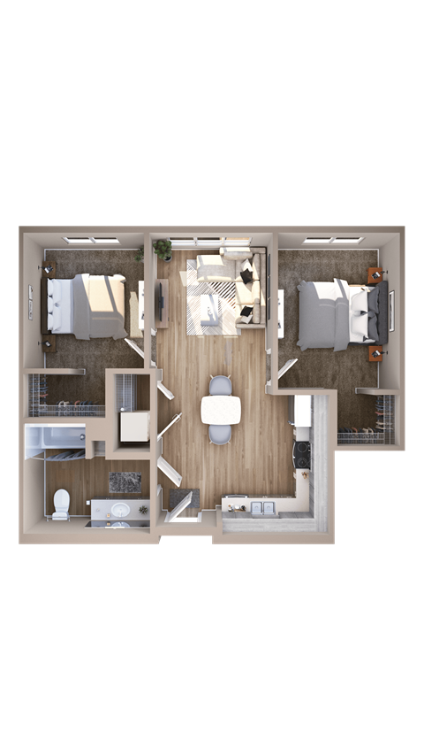A top-down view of a small apartment with a kitchen, living room, and bedroom.